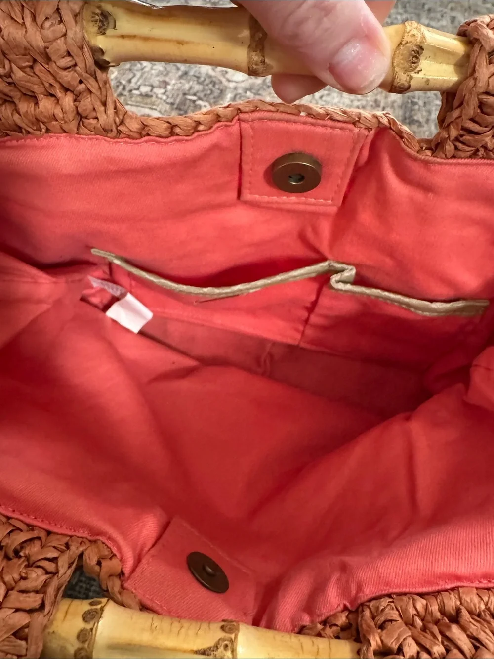 FREE PEOPLE Woven Orange Straw Clutch Bag Bamboo Handles - Picture 6 of 8